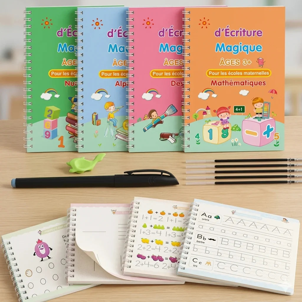Pack de 4 Cahiers d’Écriture Magique Réutilisables pour Enfants – Alphabet, Chiffres, Maths & Dessin