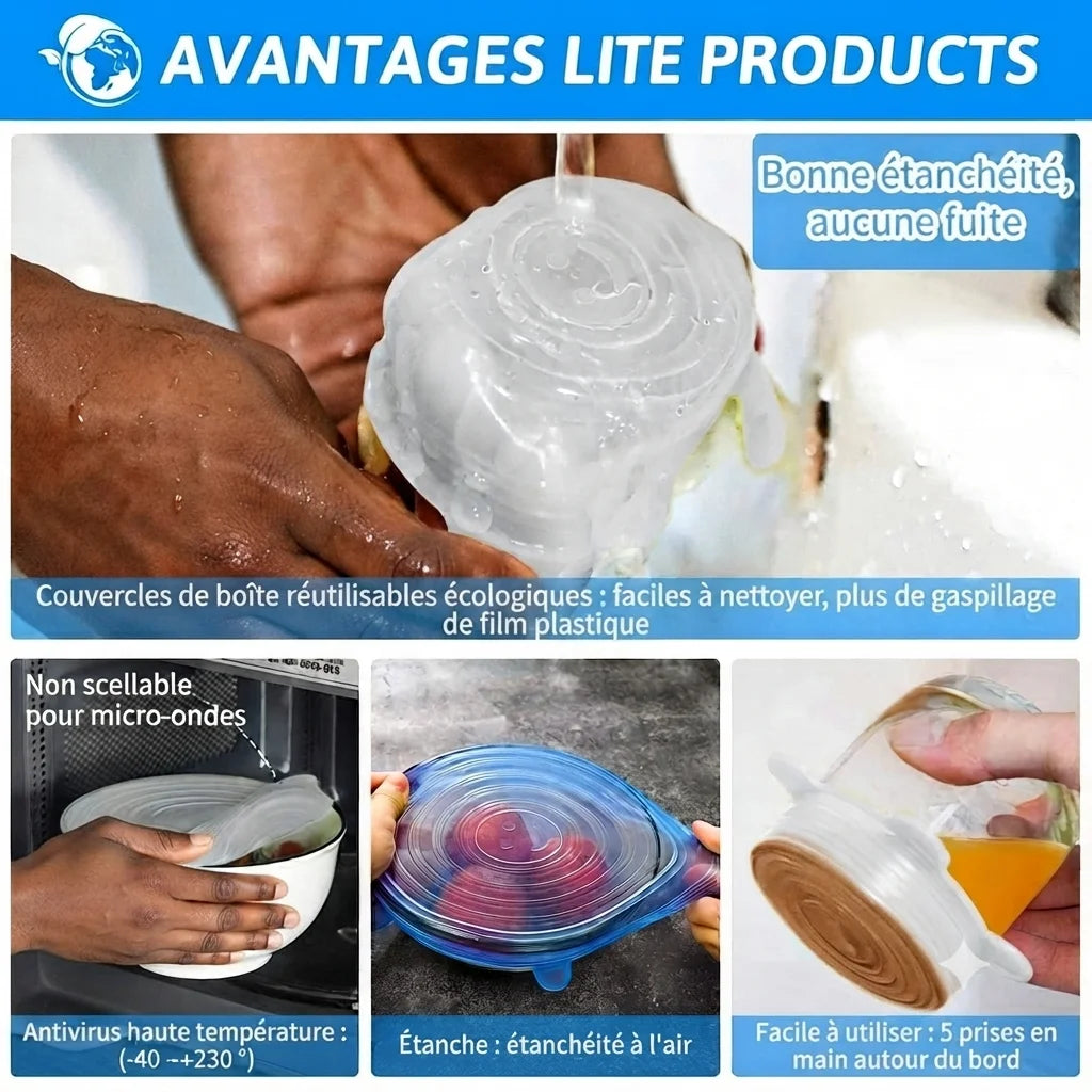 Lot de 6 Couvercles Extensibles en Silicone Réutilisables – La solution pour conserver et protéger vos aliments