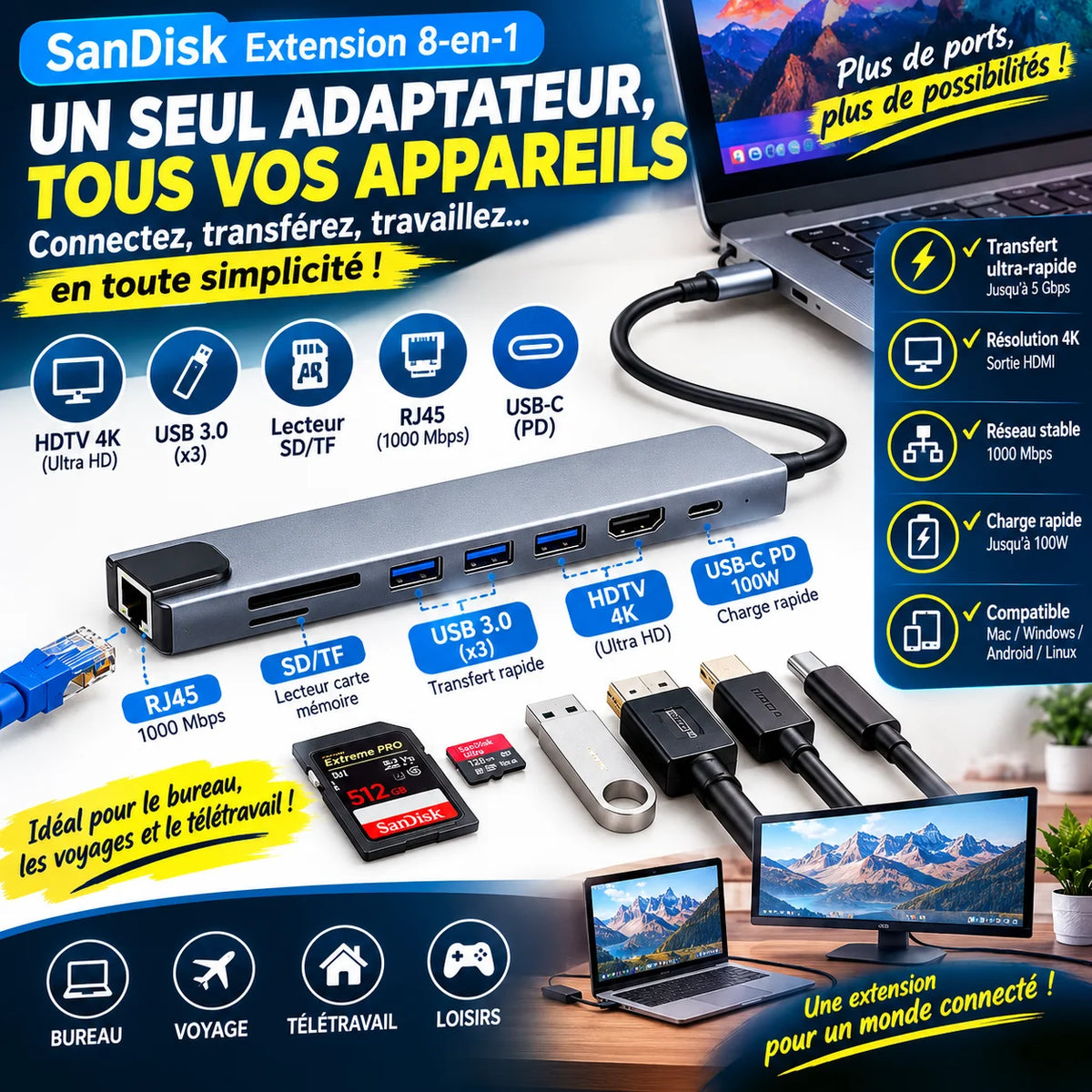 Adaptateur USB-C ( Type C) 8-en-1 Multifonction – HDMI 4K, Ethernet, USB 3.0 & Lecteur SD – Pour PC, MacBook & Smartphones ( Branchez Tout, Gagnez en Connectivité)