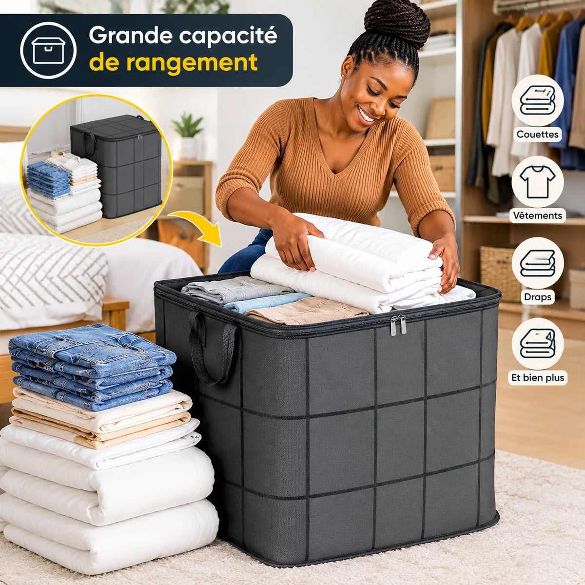Grand Sac de Rangement Pliable pour Couettes et Vêtements, Solide avec Poignées et Fermeture Zip