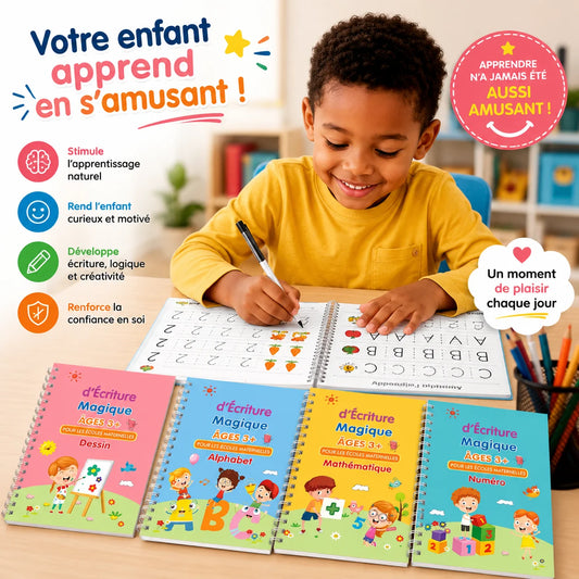 Pack de 4 Cahiers d’Écriture Magique Réutilisables pour Enfants – Alphabet, Chiffres, Maths & Dessin