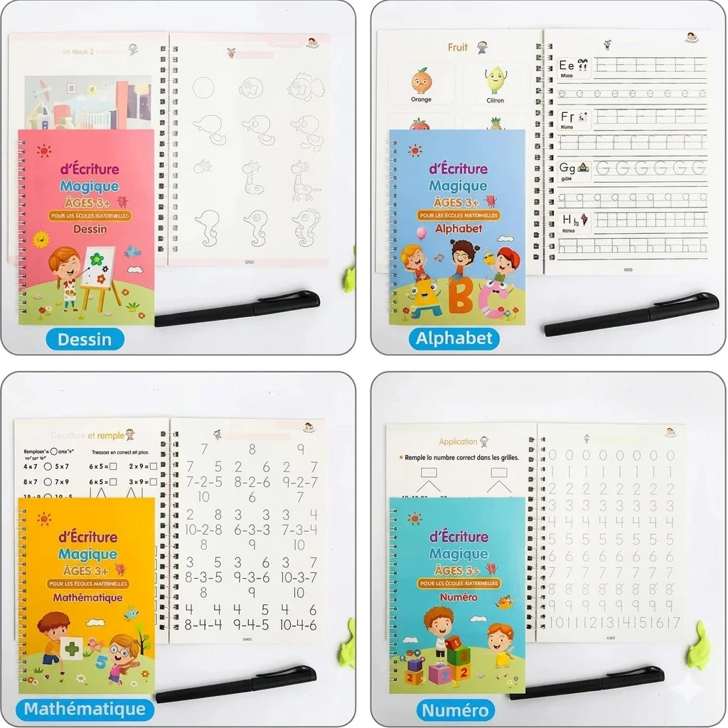 Pack de 4 Cahiers d’Écriture Magique Réutilisables pour Enfants – Alphabet, Chiffres, Maths & Dessin
