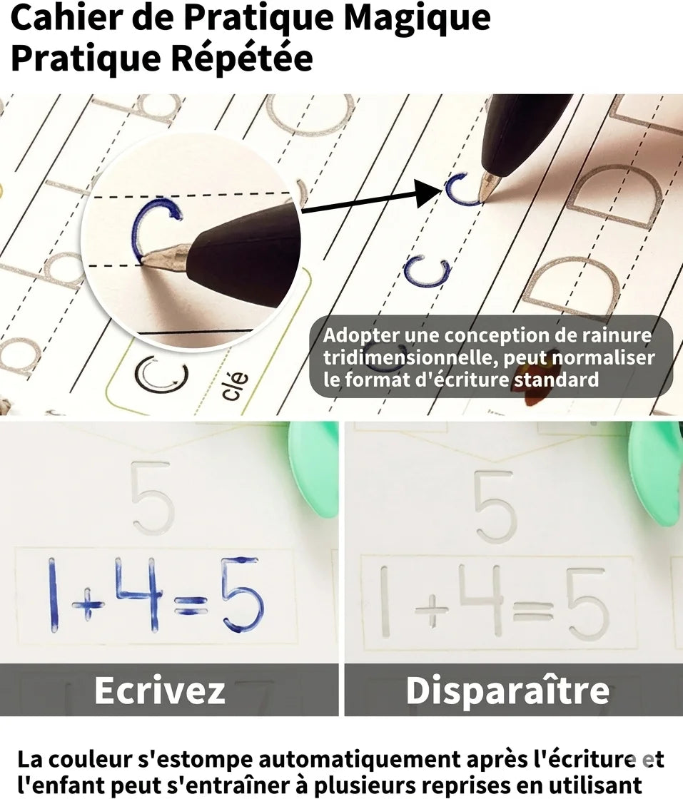 Pack de 4 Cahiers d’Écriture Magique Réutilisables pour Enfants – Alphabet, Chiffres, Maths & Dessin