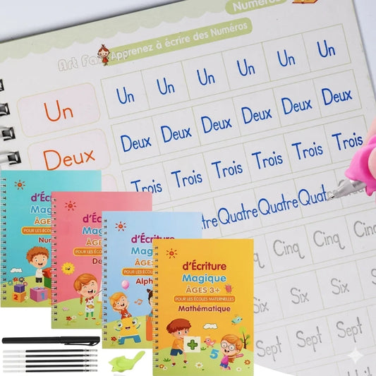 Pack de 4 Cahiers d’Écriture Magique Réutilisables pour Enfants – Alphabet, Chiffres, Maths & Dessin