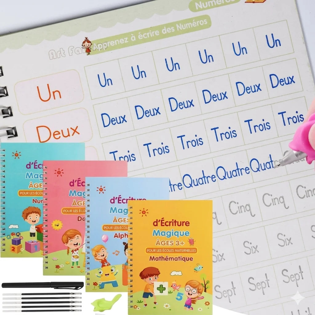 Pack de 4 Cahiers d’Écriture Magique Réutilisables pour Enfants – Alphabet, Chiffres, Maths & Dessin