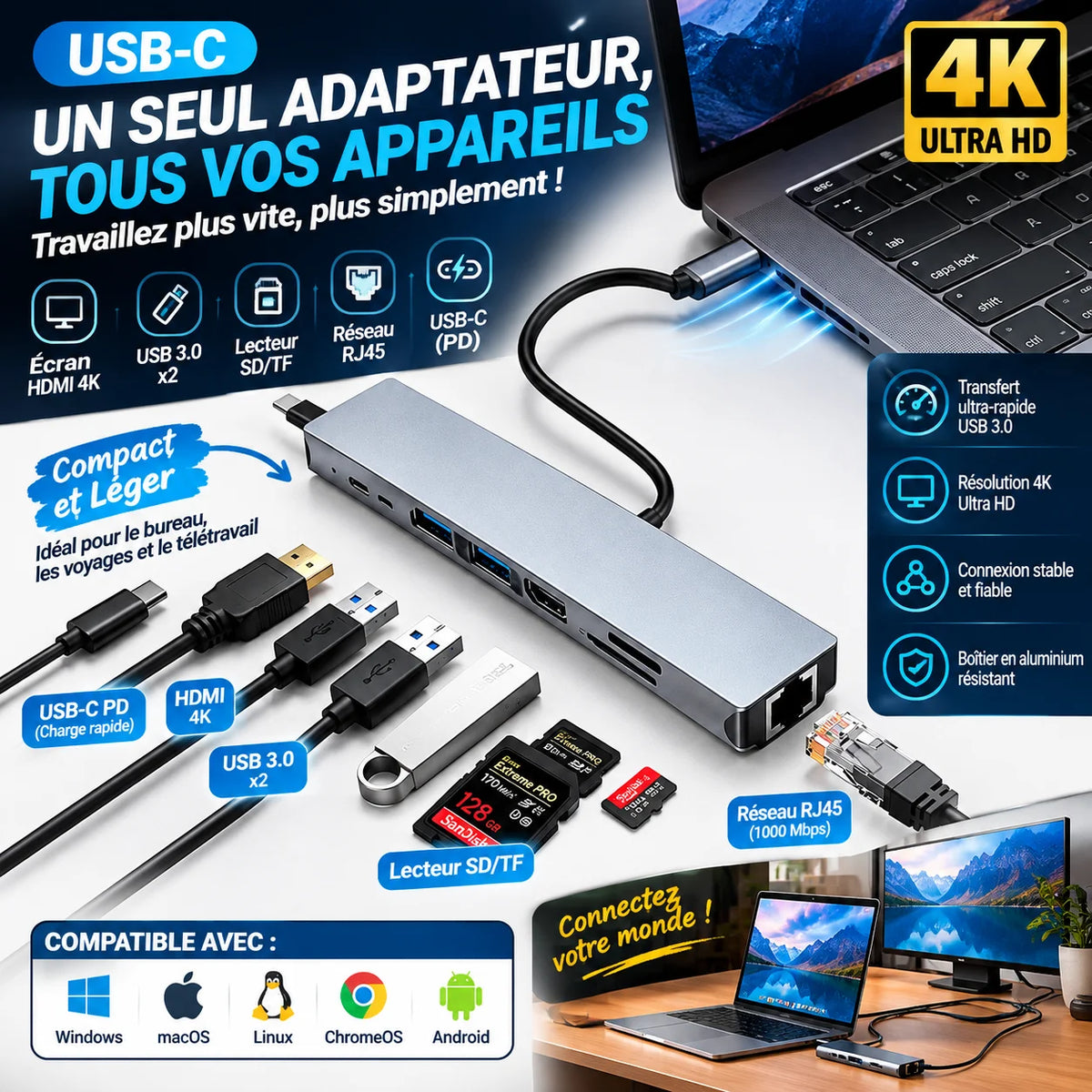 Adaptateur USB-C ( Type C) 8-en-1 Multifonction – HDMI 4K, Ethernet, USB 3.0 & Lecteur SD – Pour PC, MacBook & Smartphones ( Branchez Tout, Gagnez en Connectivité)