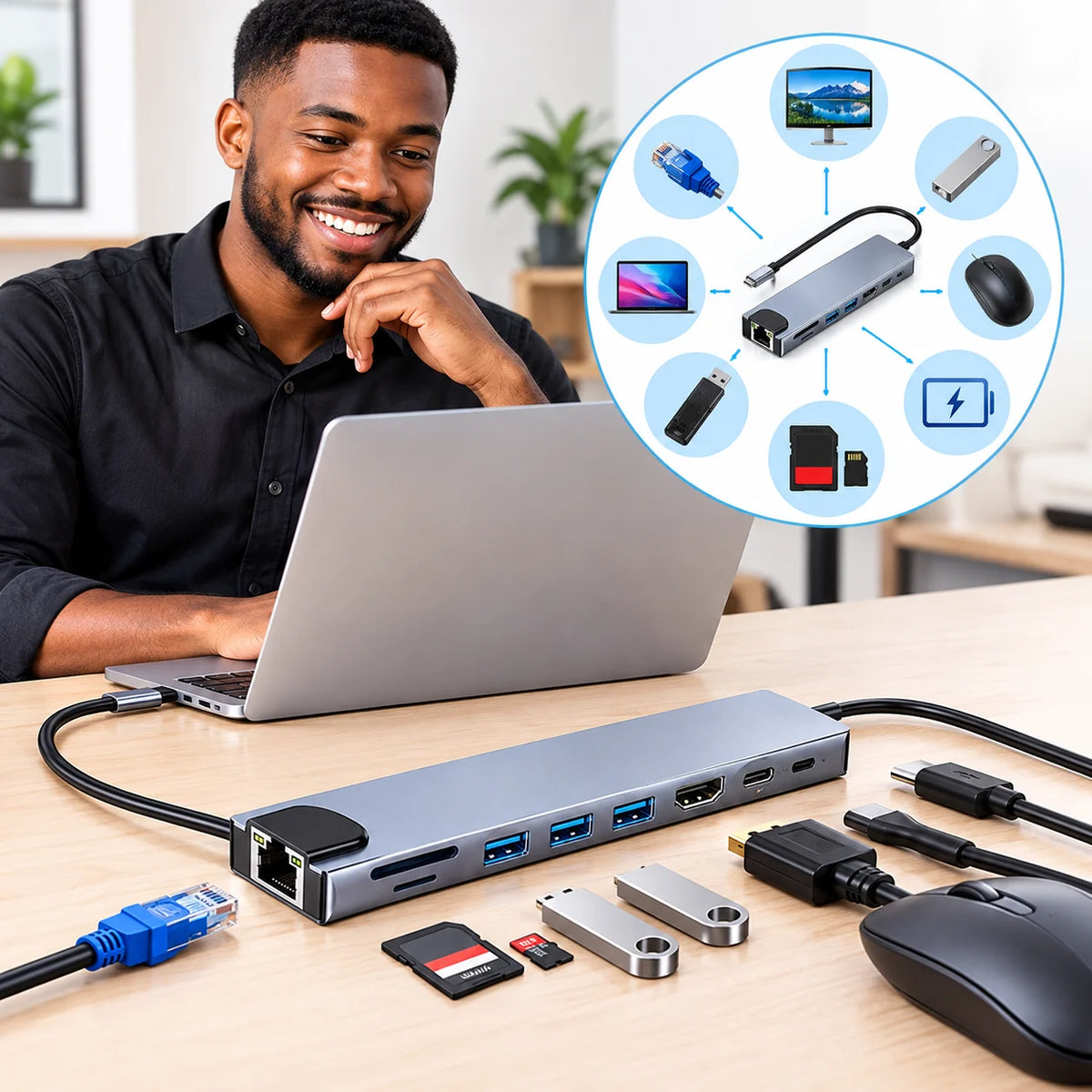 Adaptateur USB-C ( Type C) 8-en-1 Multifonction – HDMI 4K, Ethernet, USB 3.0 & Lecteur SD – Pour PC, MacBook & Smartphones ( Branchez Tout, Gagnez en Connectivité)