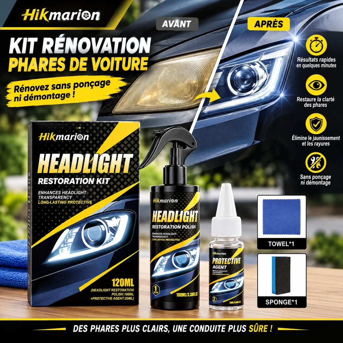 Kit Rénovation Phares de voiture – Redonnez Clarté et Éclat à vos Phares Jaunis en Quelques Minutes, sans Ponçage ni Démontage