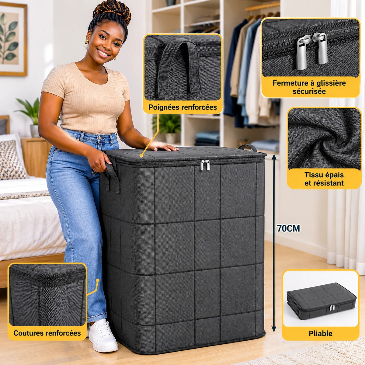 Grand Sac de Rangement Pliable pour Couettes et Vêtements, Solide avec Poignées et Fermeture Zip