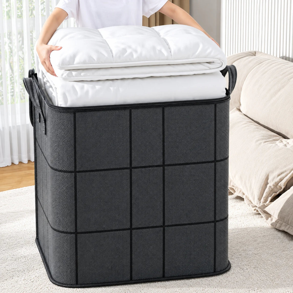 Grand Sac de Rangement Pliable pour Couettes et Vêtements, Solide avec Poignées et Fermeture Zip